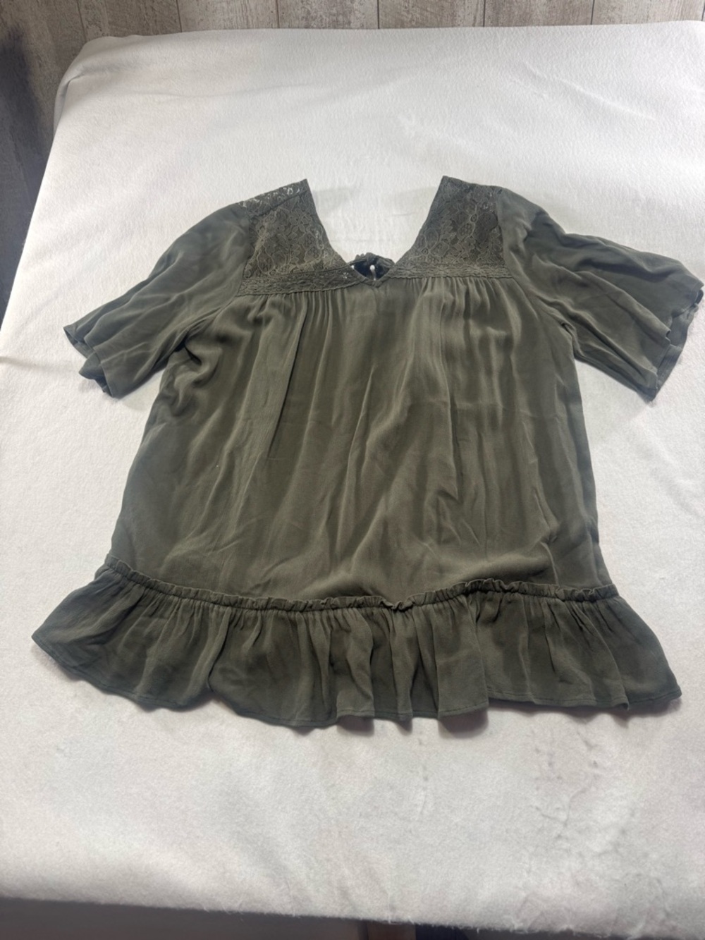 Olive Green Boho Lace Yoke Blouse Flowy Peplum Top Cottagecore NWT Large